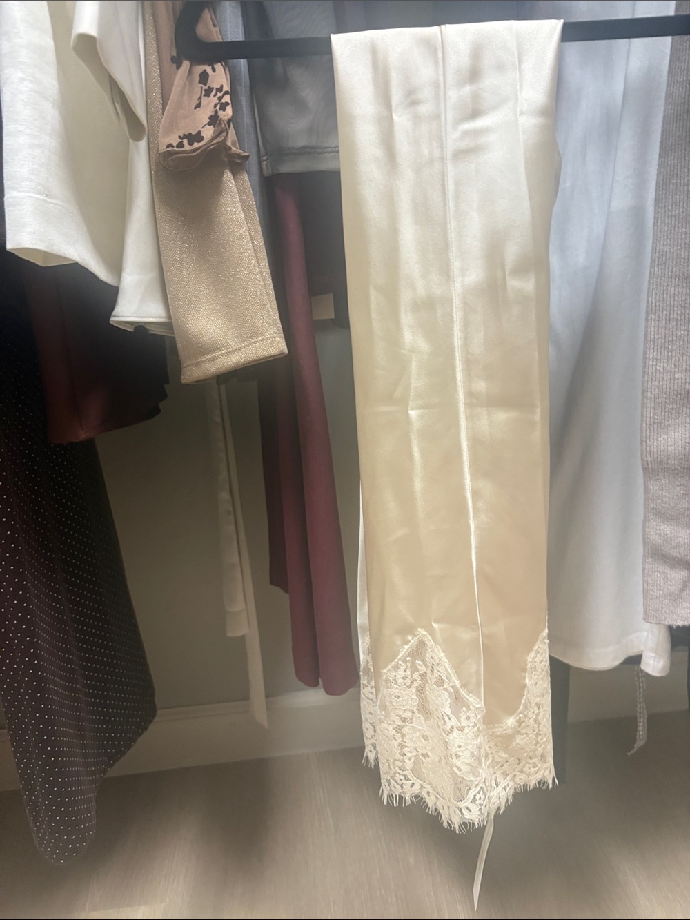 Reformation Ivory Satin Maxi Skirt with Lace Trim